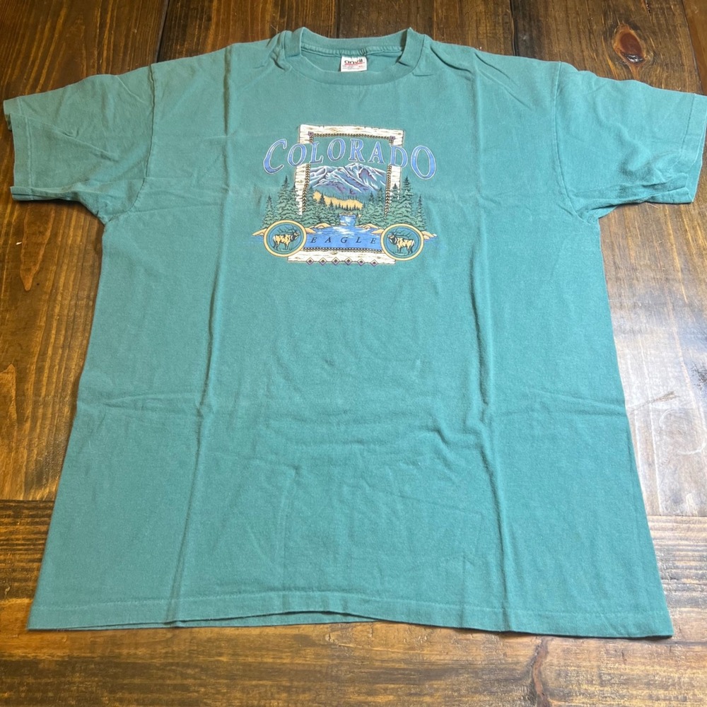 Vintage Anvil Colorado Eagle Graphic T-Shirt Teal Green Mens XL Nature Mountain